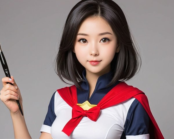 Young woman in superhero outfit with paintbrush