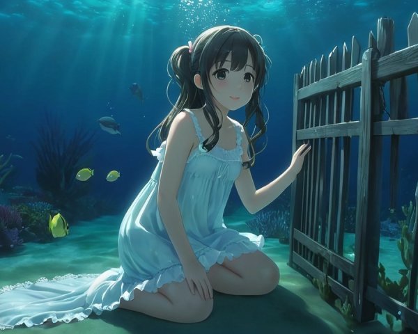 Girl in White Dress Surrounded by Coral and Fish