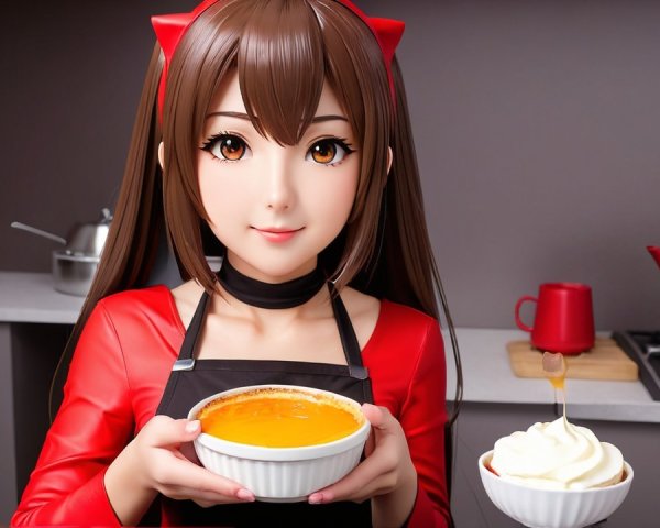 Cheerful animated character in modern kitchen with dessert