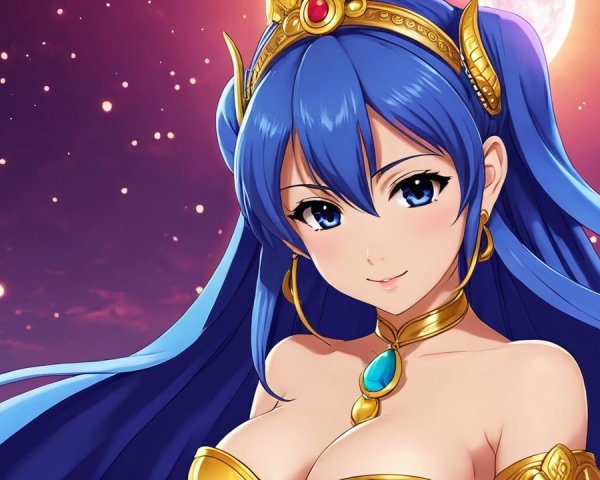 Mystical character with blue hair in magical setting
