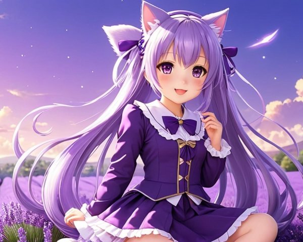 Cheerful anime girl in lavender field with cat ears
