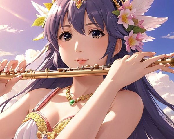Anime Character with Flute in Serene Cloudy Setting