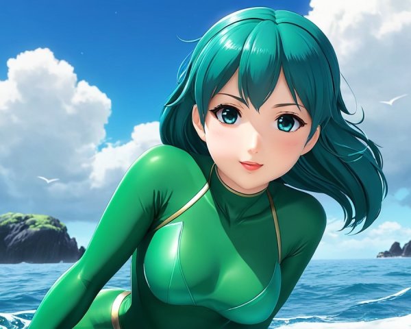 Young woman with teal hair in ocean scene