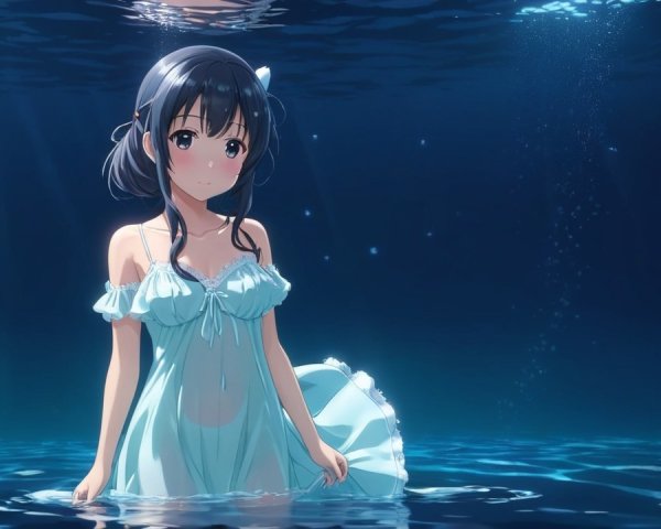 Young girl in tranquil underwater scene with bubbles