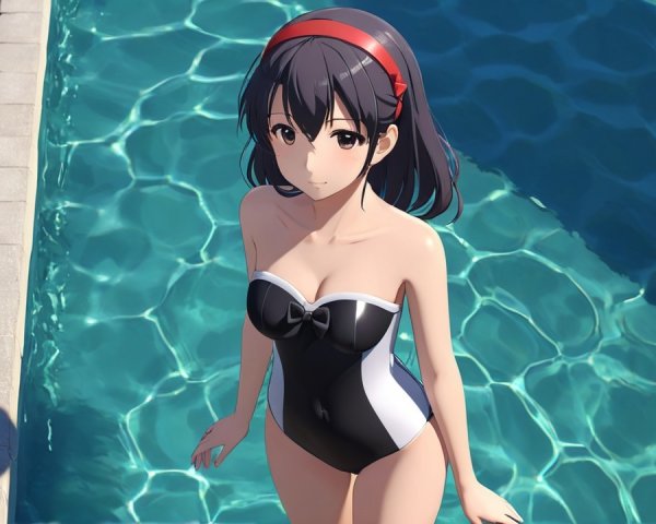 Young woman by sparkling blue pool in stylish swimsuit