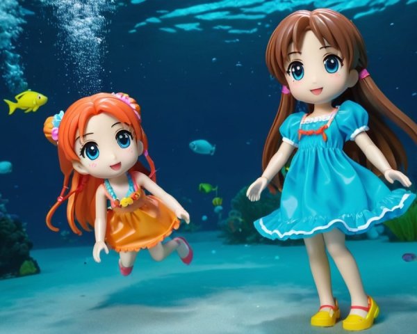 Cheerful Dolls Surrounded by Vibrant Underwater Life