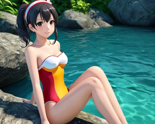 Cheerful anime character by serene turquoise water