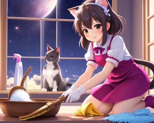 Moonlit Room with Girl, Cat, and Cleaning Scene