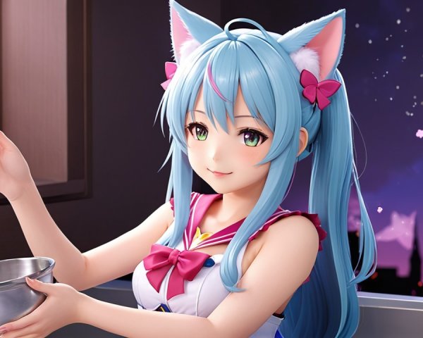 Animated character with aqua blue hair and cat ears