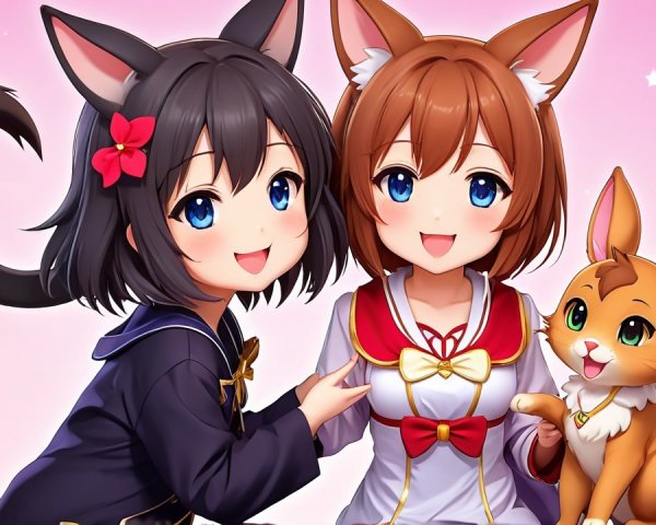 Anime-style girls with cat features and a dog