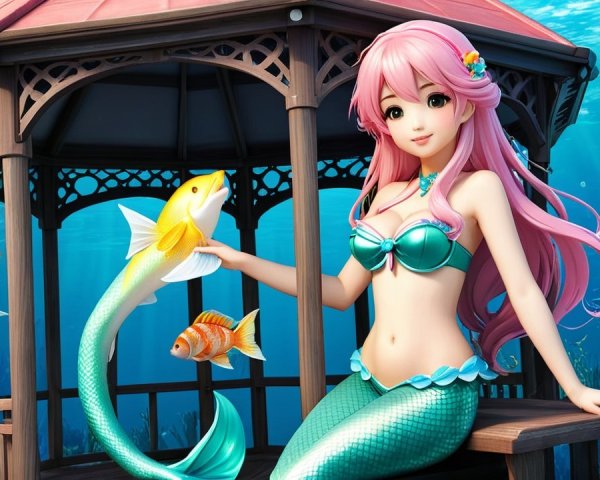 Mermaid with Pink Hair in Vibrant Underwater Scene