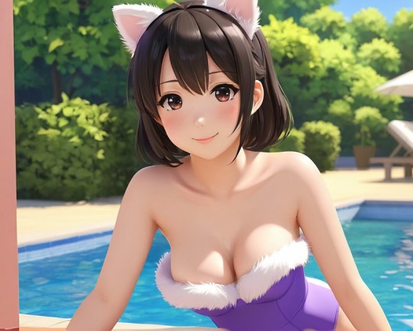 Cheerful anime girl by pool in purple swimsuit