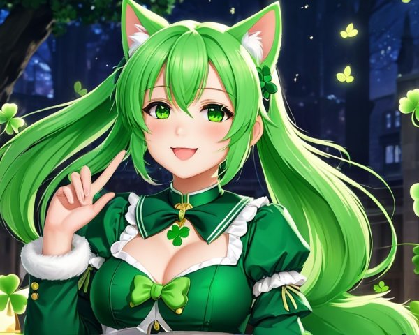 Cheerful Character with Green Hair in Dim Forest