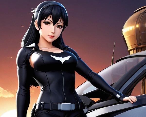 Animated female character beside sleek car at sunset