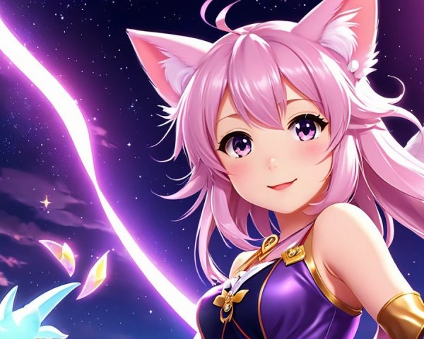 Anime Character with Pink Hair and Cat Ears in Night Sky