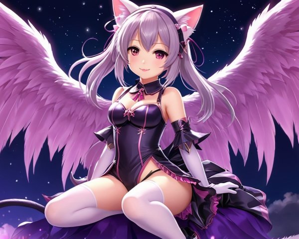 Whimsical Character with Cat Ears and Pink Wings