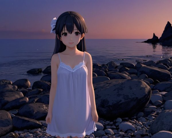 Serene Sunset Scene with Girl on Rocky Shoreline