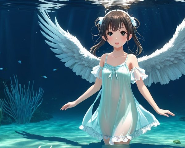 Underwater Scene with Girl in Angel Wings and Fish