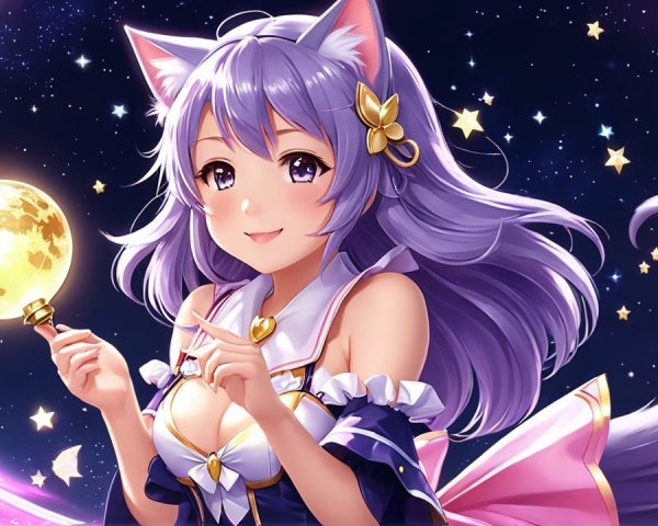 Young woman with feline features in starry sky setting