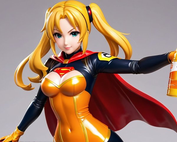 Female superhero in orange and blue costume with cape
