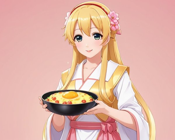 Cheerful woman in kimono with vibrant fried rice dish