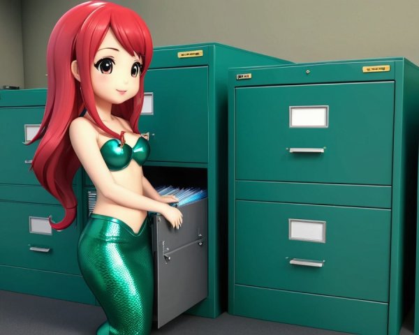 Animated Mermaid in Office Setting with Teal Cabinets