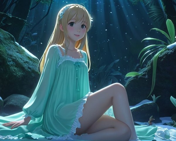 Young girl in green dress in a sunlit forest