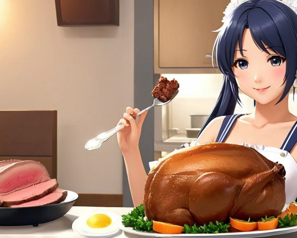 Cheerful Young Woman in Maid Outfit at Dining Table