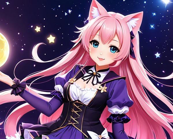 Anime Character with Pink Hair and Cat Ears in Night Sky