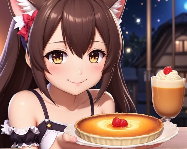Cheerful anime character with cheesecake and coffee
