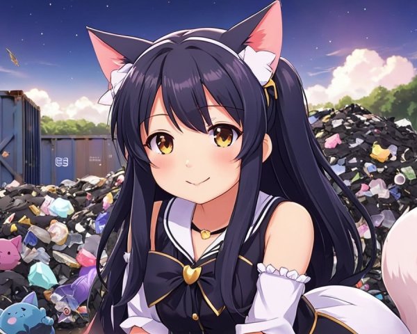 Character with Cat Ears in a Colorful Trash Scene