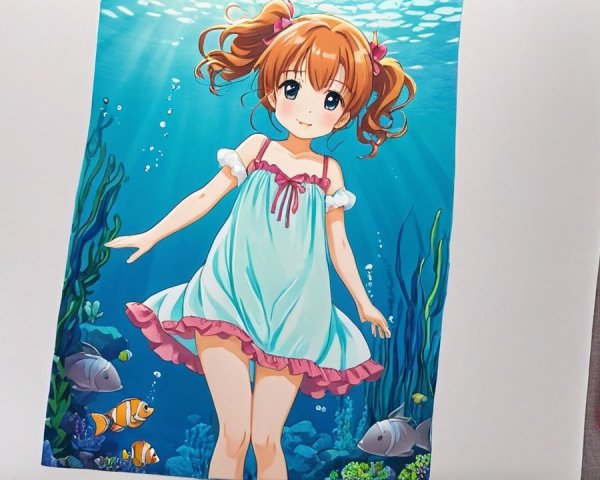 Cheerful Anime Girl Underwater with Colorful Fish