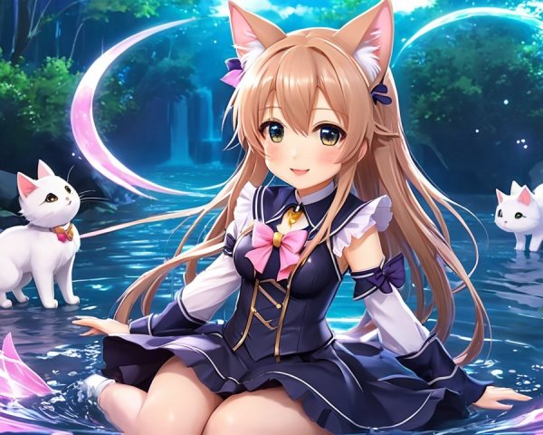 Whimsical Scene of Girl with Cat Ears by River