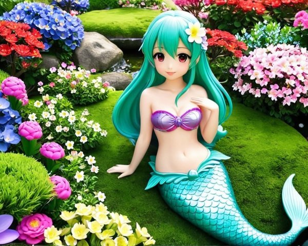 Mermaid in a Colorful Garden with Tranquil Pond