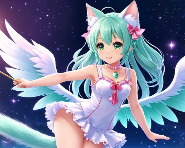 Anime-Style Neko-Angel Girl with Starry Background