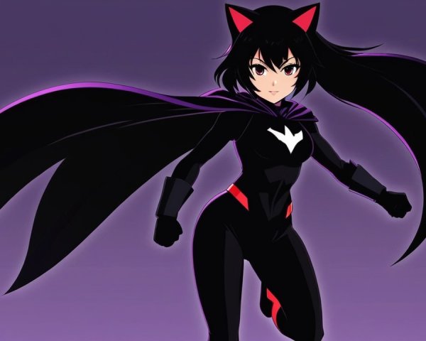 Anime Character in Black Costume with Cape and Ears