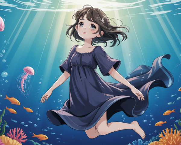 Anime-style underwater scene with a girl in blue dress