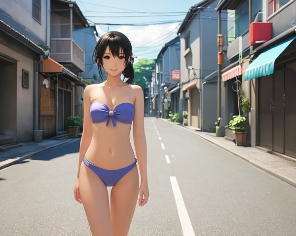 Young Woman in Purple Bikini on Sunny Street