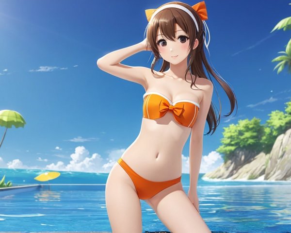 Young Woman by Sparkling Pool in Summer Scene