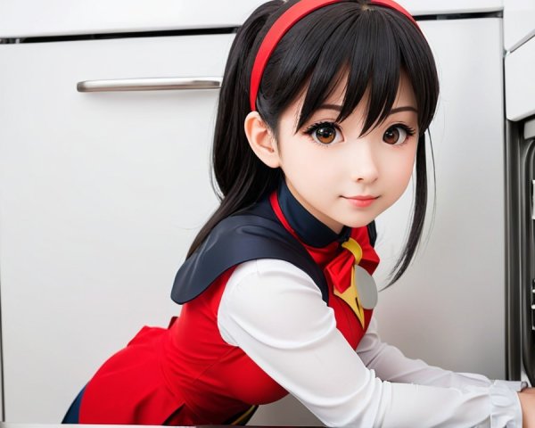 Young girl in red outfit kneeling by modern oven