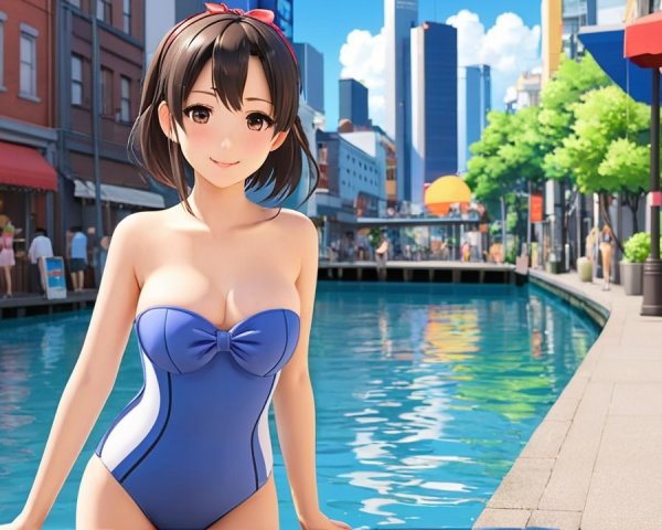 Cheerful Woman by Vibrant Canal on Sunny Day