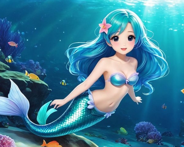 Whimsical Animated Mermaid in Vibrant Underwater Scene