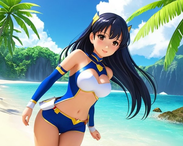 Tropical Beach Scene with Woman in Blue Swimsuit