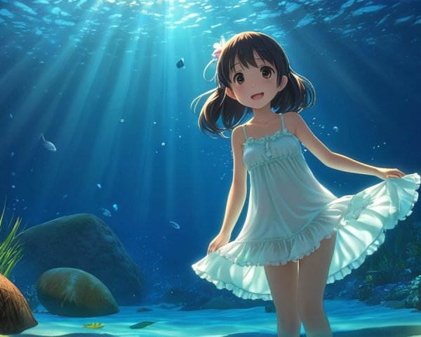 Young girl in serene underwater scene with fish