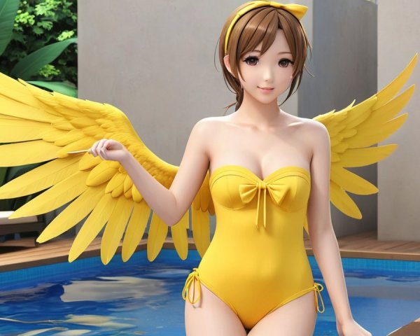 Whimsical Character with Yellow Wings by Poolside