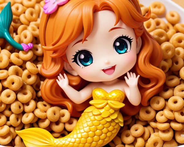 Cheerful mermaid figure in colorful cereal bowl
