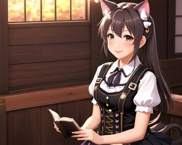 Cheerful character with cat ears in cozy wooden setting