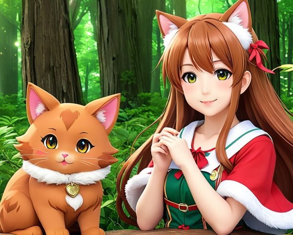 Cheerful girl with cat in a sunlit forest setting