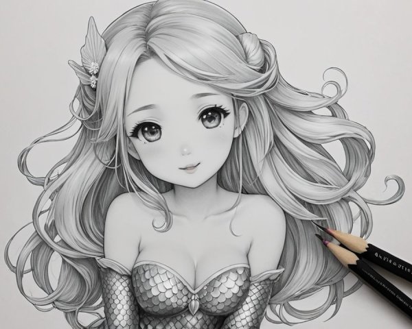 Detailed Black-and-White Drawing of a Young Girl