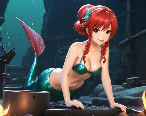 Animated Mermaid in Underwater Ruins with Cooking Pots